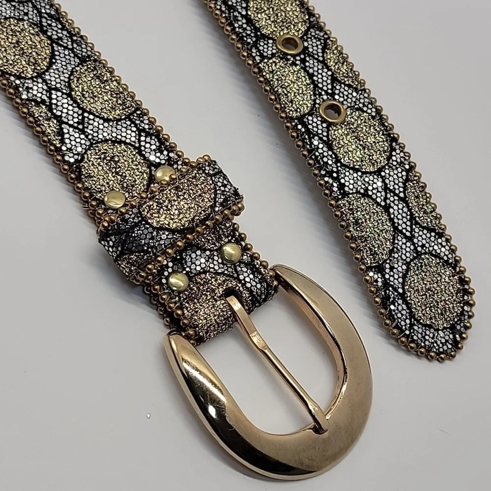 Vtg ELITE Dress Belt Women Sz Small Gold Silver Black Mix Bead Edge Brass Buckle